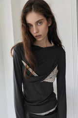 26SS★ ツイステッドレースレイヤードドレープTシャツ