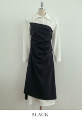 Sene color matching shirring drape shirt long one piece