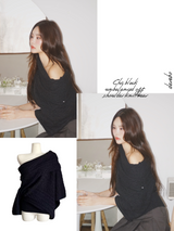 Chic black unbalanced off-shoulder knitwear