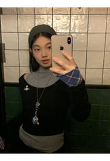 リップネックレイヤードロングスリーブチェックTシャツ