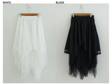 アシンメトリカル レイヤード ミディ チュール フリンジ スカート (WHITE, BLACK 2COLORS!)