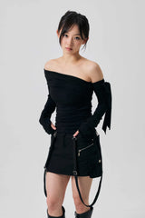 RIEN ONE-SHOULDER SHIRRING TOP / BLACK