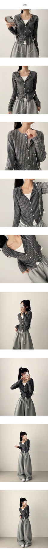 Cardi side-shirring badge ribbed knit cardigan