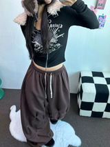 FUR🤎🧸CROPPED HALF PRINTING JUMPER ZIP UP🩶🖤2COLOR