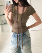 [Scarf SET] Mocha Lace Ribbed Short Sleeve Set