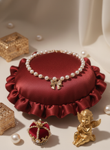 Adorable Ribbon Pearl Choker Necklace - Gold