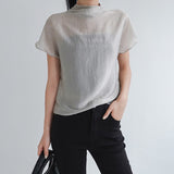 [Setinone] Half Neck Satin Short-Sleeved Blouse - 4 colors