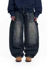 Curved Double Knee Denim Pants - Black
