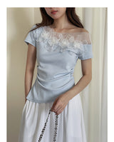 Asymmetrical Lace Trim Off-Shoulder Tee