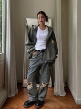 Damage Two Way Denim Hooded Jacket