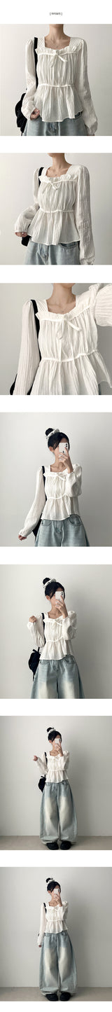 Lynx Ribbon Square Neck Shirring Blouse