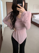 ベールラップシャーリングアシンメトリック長袖Tシャツ