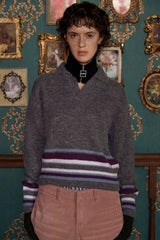 ALPACA STRIPE KNIT POLO SHIRT / CHARCOAL