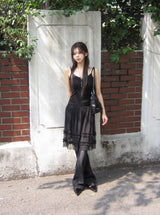 Lash See-Through Frill Mesh Banding Midi Skirt