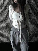 slub crop strap knit cardigan (4color)