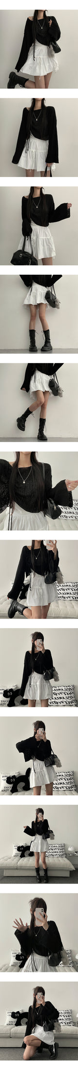 Pleated Unbalanced String Cropped Long-Sleeved Knitwear