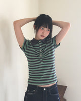 Deme ストライプ シャーリング PKカラー 半袖Tシャツ