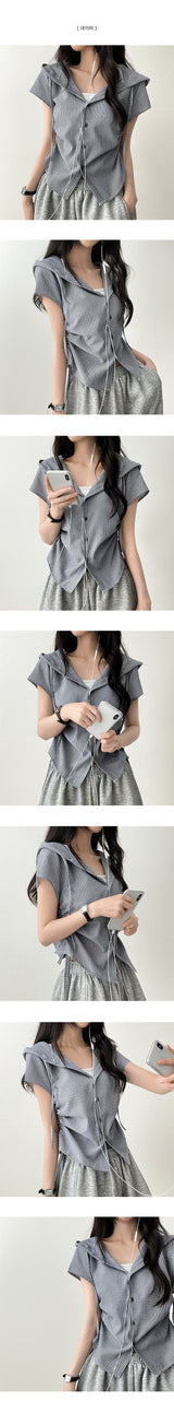 Shirin stripe side string short sleeve hooded blouse cardigan