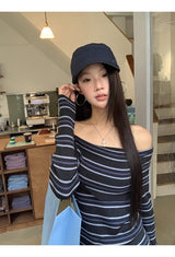 ストライプ スリム オフショルダー 長袖 ニット Tシャツ