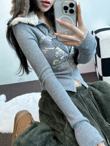 FUR🤎🧸CROPPED HALF PRINTING JUMPER ZIP UP🩶🖤2COLOR
