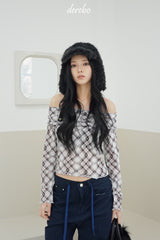 エッジチェックオフショルダーアンバランスTシャツ
