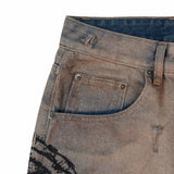 ダーティコインステインディストレスバギーデニムパンツフェード ブルー