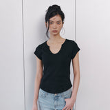 C 90S LINE SLIT NECK HALF-SLEEVE T-SHIRT_BLACK