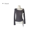 Denk Shirring Eyelet Crop Lip Neck T-shirt