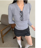Muse V-neck Button-down Long Sleeve T-Shirt (3 Colors)