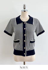 Carson Collar Color Matching Check Knit Cardigan