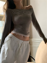 Beads Unbalanced Off-Shoulder Laced Long-Sleeved T-Shirt