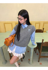 Bow V-neck Loose Fit Gray Vest