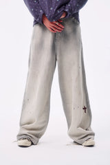 MOONLIGHT GRADIENT FLOCKED SPLICE WAISTBAND SMUDGED SPLASHED INK LOOSE STRAIGHT-LEG JEANS