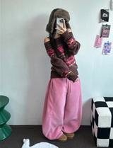 フリース🩷サイドピンタックロングワイドオーバーパンツ 💙🤎🩷🩶🖤5COLOR