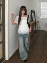Mad Off-Shoulder Short Sleeve Mesh Lace Sleeveless Set