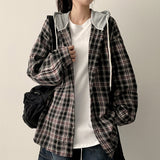 Perin ボクシー フード付きチェック柄シャツ