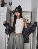 Onz Striped Mohair Knit Hood Zip-Up
