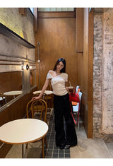 Lace Black Side Shirring Casual Pants