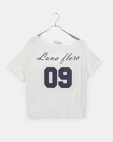 Lune ボートネック オフショルダー プリント半袖 Tシャツ