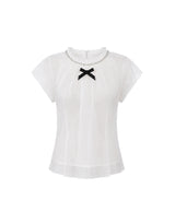 Spiral Crystal Ribbon Sheer Mock Neck Blouse White