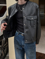 Cape round pocket leather jacket