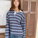 Oversized Stripe Collar T-Shirts_Gray