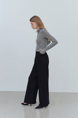PINTUCK WIDE WOOL SLACKS PANTS - BLACK