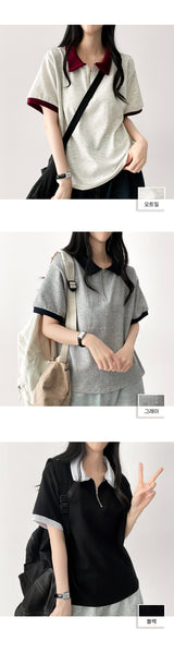 ポナカラーリングセミジップアップカラー半袖Tシャツ
