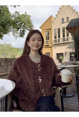 wool no collar brown button fur jacket