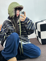 ストライプフリースワンサイドストリングアノラックニットスウェット 💙🩶🧡3COLOR