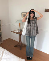 Onnit checkered Square Neck Mini Short Sleeve Blouse