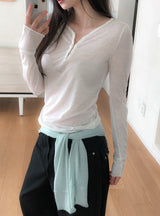 Lower See-through Hook V-Neck Long Sleeve