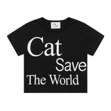 Cat Save The World Crop T (Black, White)