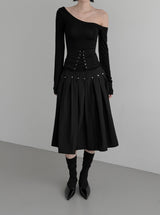 Er Rivet Pintuck Midi Skirt
